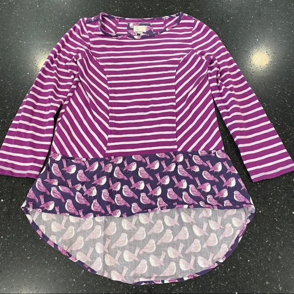 Anthropologie postmark purple Stripe Hi Lo Shirt Birds Mixed Print‎ XS Lagenlook